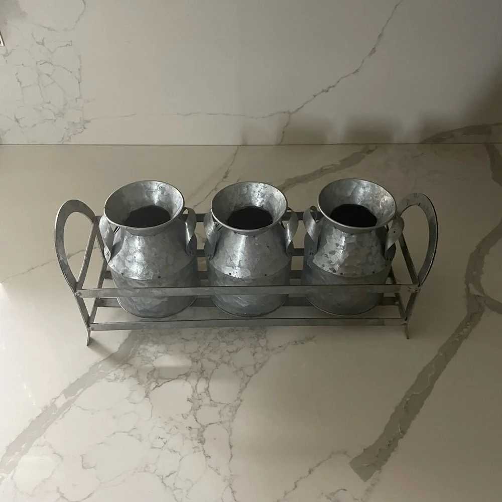 Galvanized Metal Milk Can Trio with Stand - Picture 1 of 13